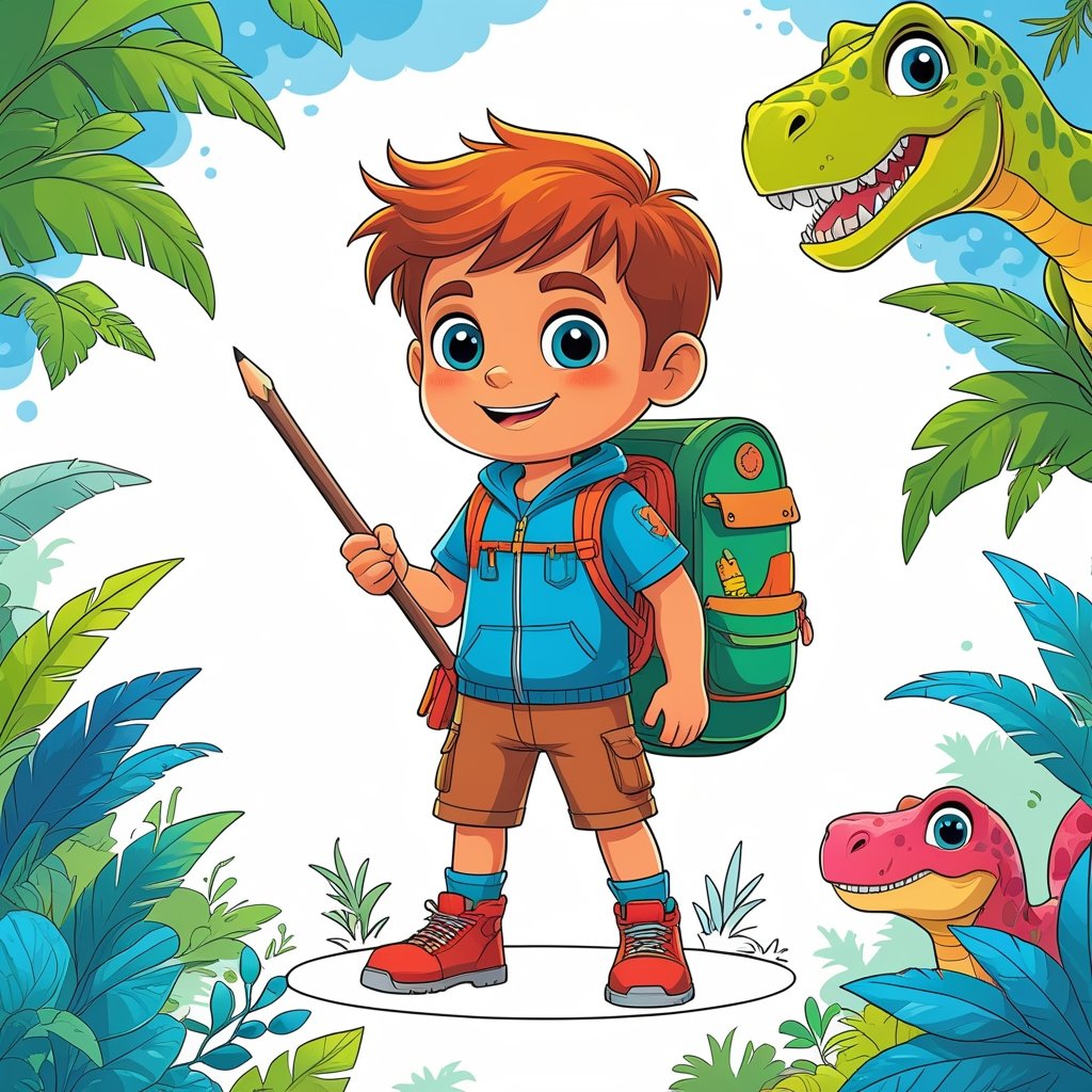 Dino Adventure Boy Coloring Sheets fully colored, vibrant and fun, perfect for kids’ learning activities