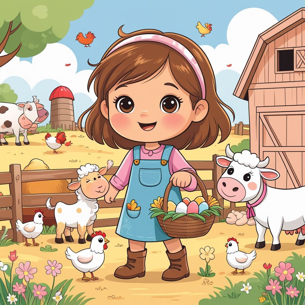 Cute coloring pages for girls – Cartoon girl on a farm with animals and flowers, perfect for preschool fun, learning, and creativity.