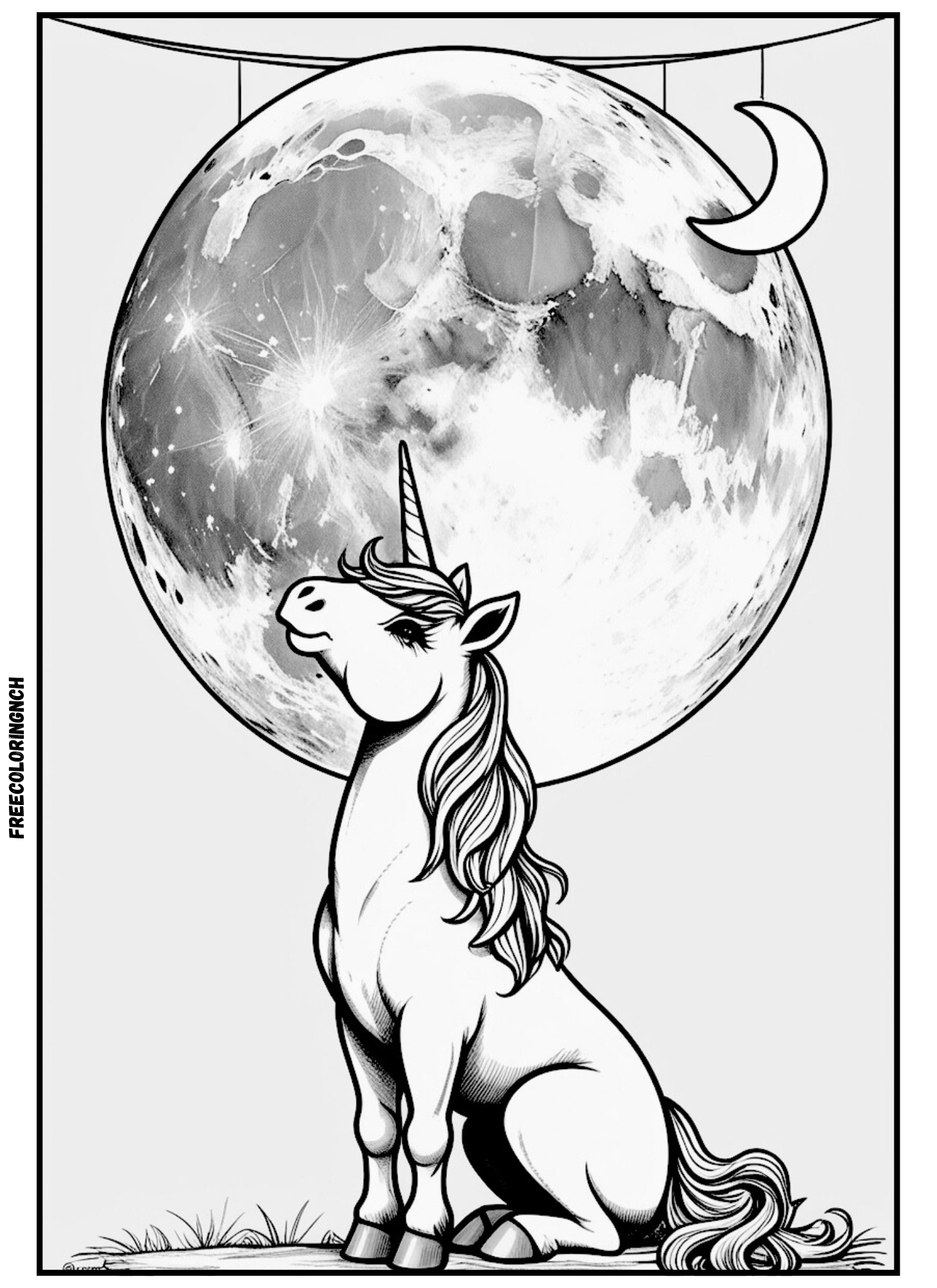 Unicorn Looking at Moon Coloring Page Minimal Boho Printable