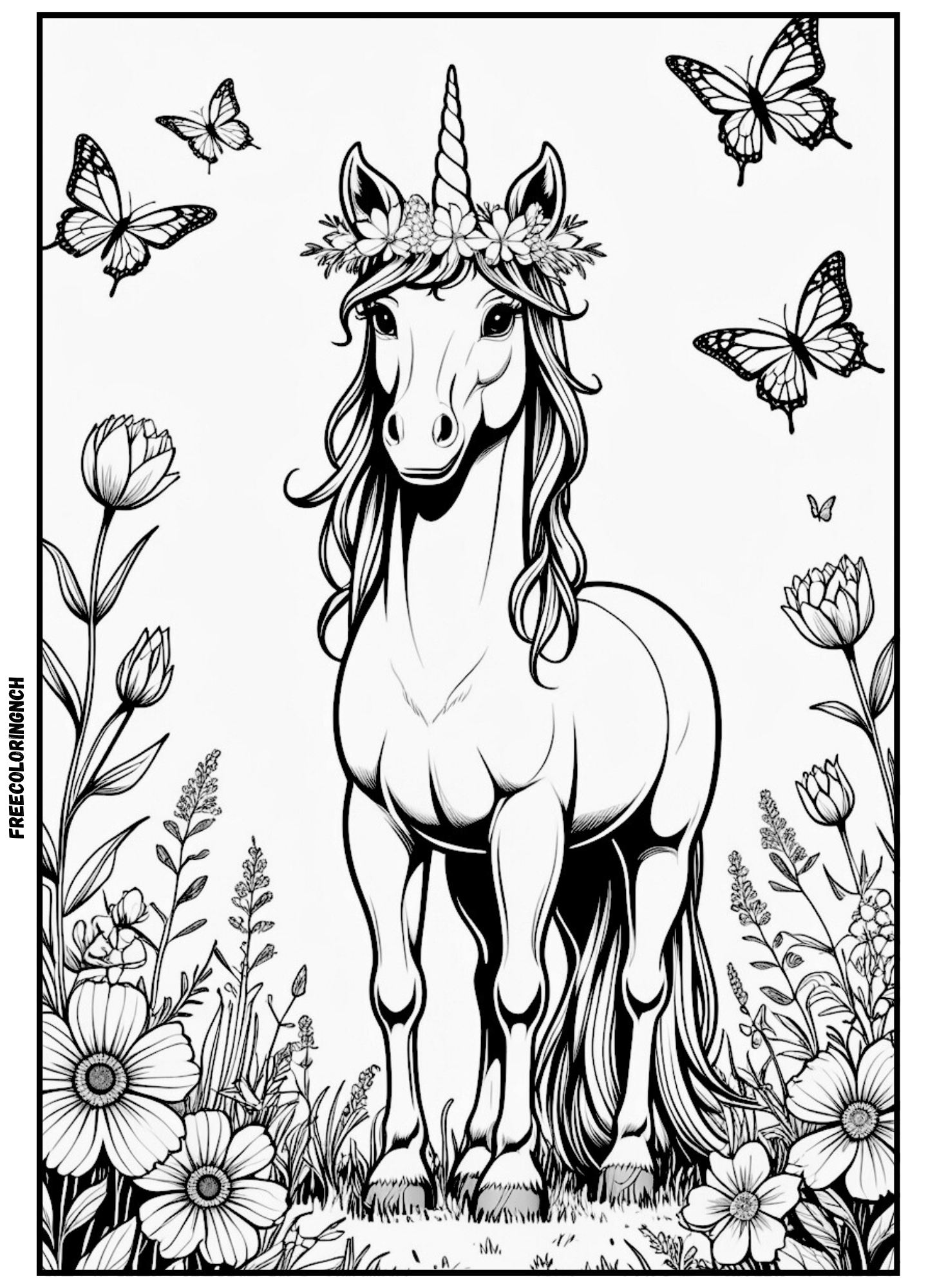 Unicorn with Flower Crown Coloring Page