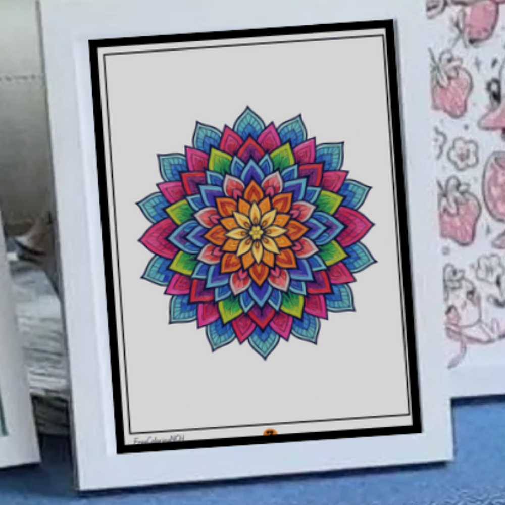 Colored mandala page from premium adult coloring set, showing customer result.
