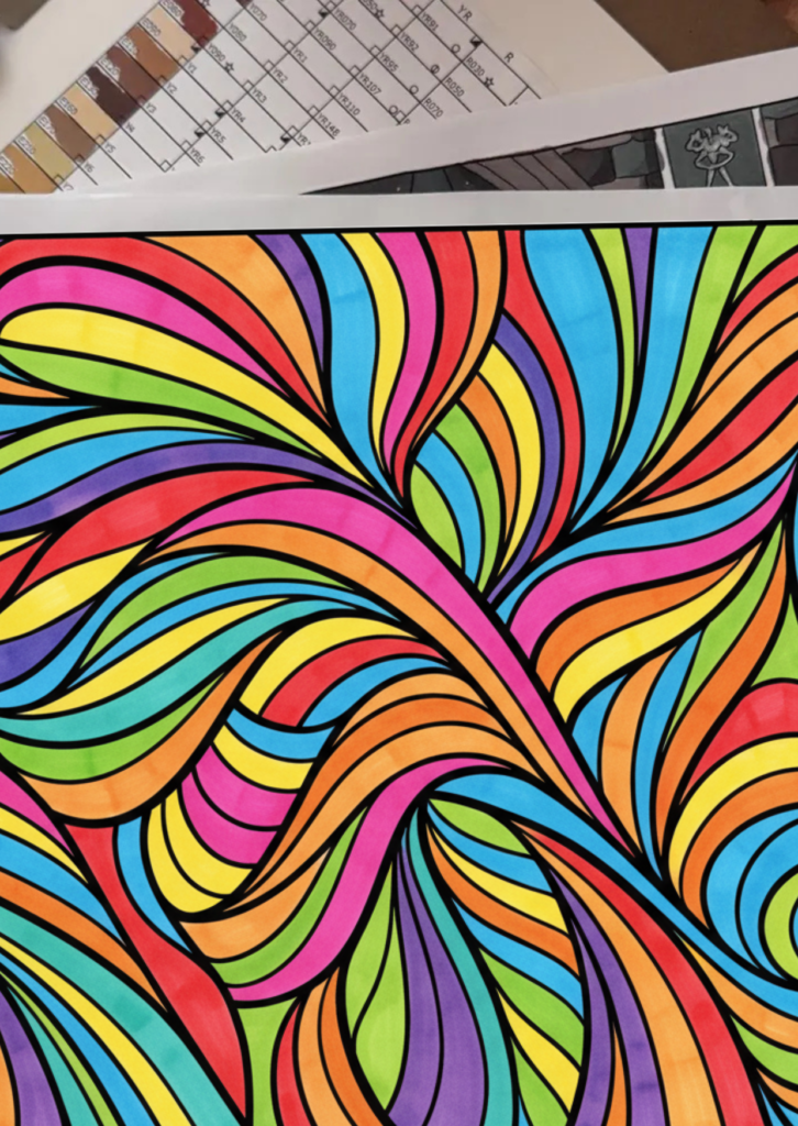 Finished colored stress-relief coloring sheet with bold lines, tested by users.