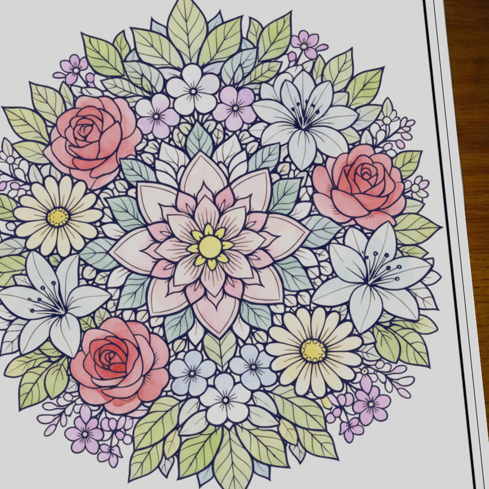 User-colored page from premium coloring book for adults, showing relaxation and creativity.